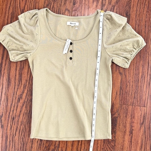 Madewell Olive Green Eyelet Sleeve Henley Short Sleeve Top Size Extra Small NWT - Picture 14 of 15